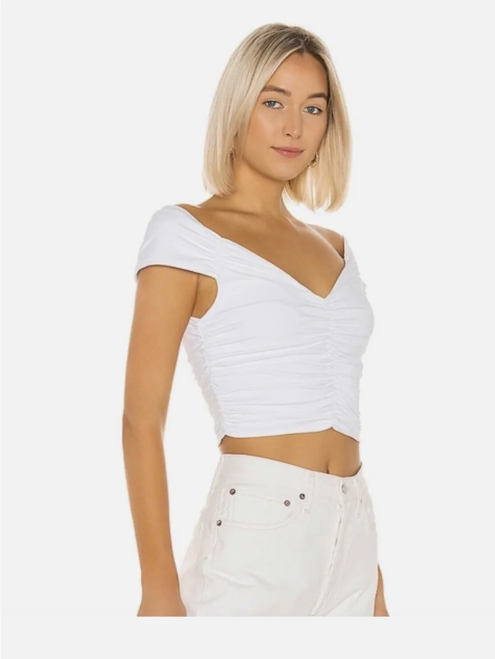 David Lerner White Ruched Off Shoulder Crop Top XS
